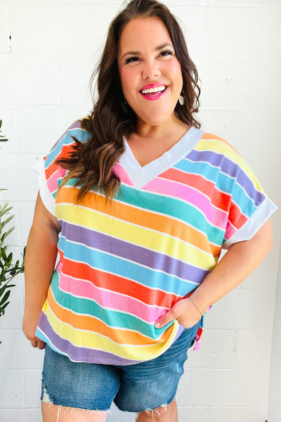 Sieze The Day Rainbow Striped V Neck Drop Shoulder Thermal Knit Top - Online Only!