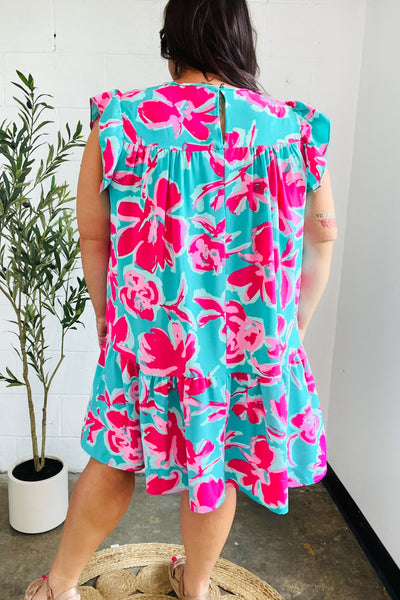 Diva Dreaming Aqua & Fuchsia Floral Print Tiered Ruffle Sleeve Dress - Online Only!