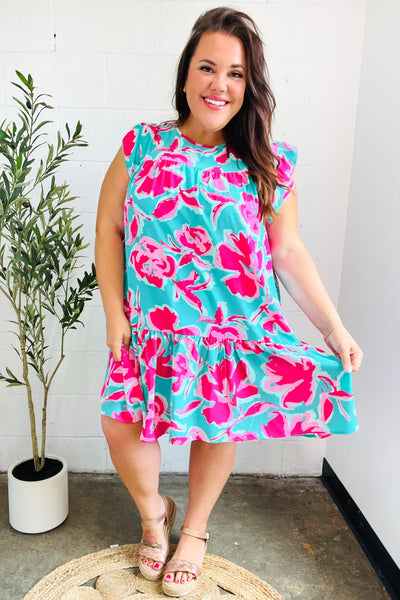 Diva Dreaming Aqua & Fuchsia Floral Print Tiered Ruffle Sleeve Dress - Online Only!