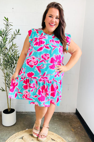 Diva Dreaming Aqua & Fuchsia Floral Print Tiered Ruffle Sleeve Dress - Online Only!