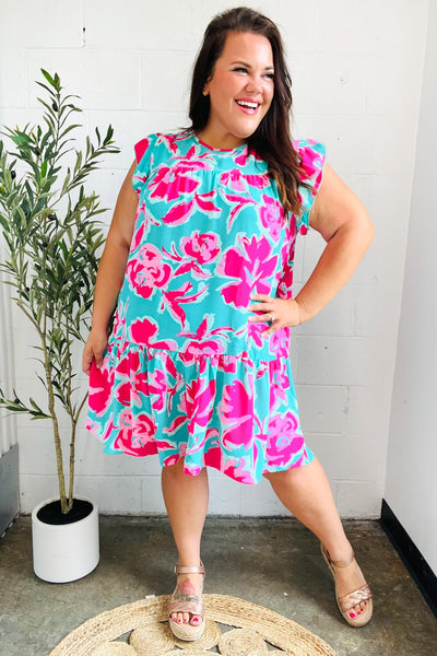 Diva Dreaming Aqua & Fuchsia Floral Print Tiered Ruffle Sleeve Dress - Online Only!