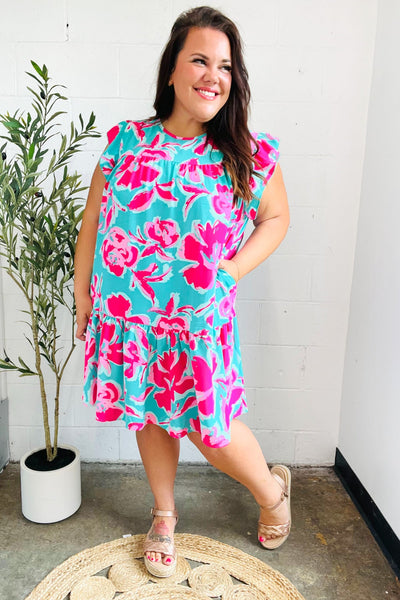 Diva Dreaming Aqua & Fuchsia Floral Print Tiered Ruffle Sleeve Dress - Online Only!