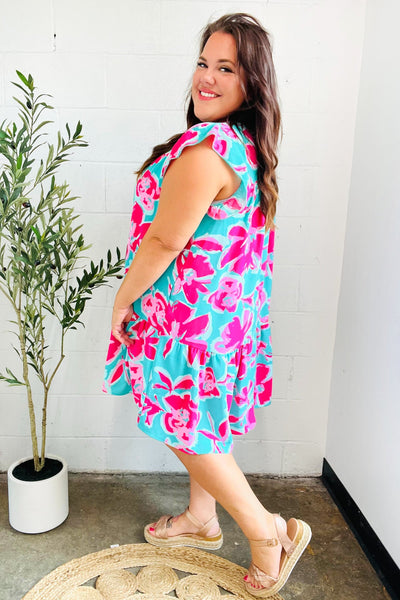 Diva Dreaming Aqua & Fuchsia Floral Print Tiered Ruffle Sleeve Dress - Online Only!