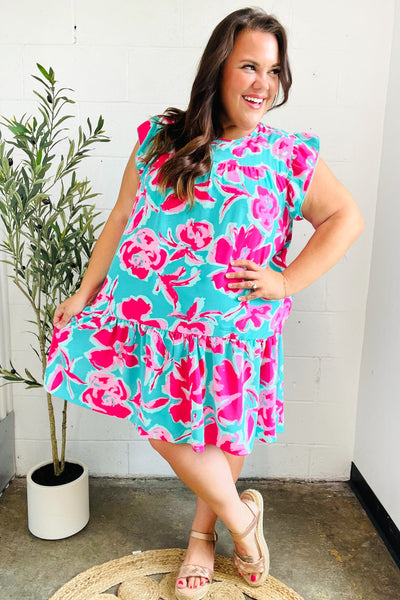 Diva Dreaming Aqua & Fuchsia Floral Print Tiered Ruffle Sleeve Dress - Online Only!