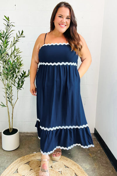 Bold & Sassy Navy Square Neck Ric Rac Trim Adjustable Straps Maxi - Online Only!