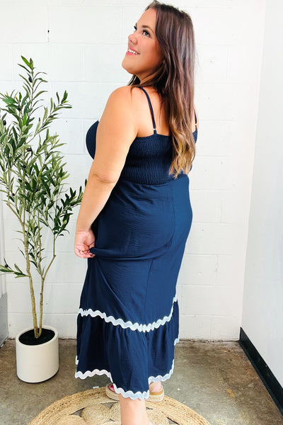 Bold & Sassy Navy Square Neck Ric Rac Trim Adjustable Straps Maxi - Online Only!