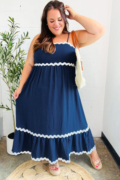 Bold & Sassy Navy Square Neck Ric Rac Trim Adjustable Straps Maxi - Online Only!