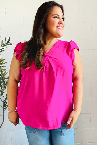 Summer Days Fuchsia Banded V Neck Flutter Sleeve Top - Online Only!