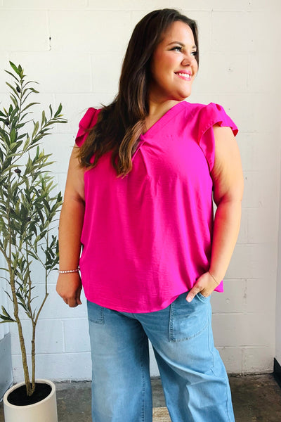 Summer Days Fuchsia Banded V Neck Flutter Sleeve Top - Online Only!