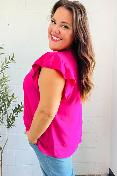 Summer Days Fuchsia Banded V Neck Flutter Sleeve Top - Online Only!