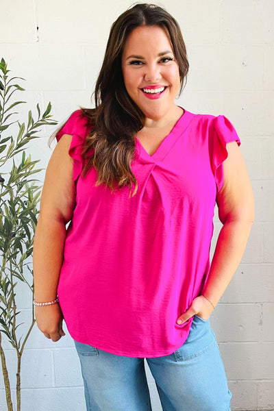 Summer Days Fuchsia Banded V Neck Flutter Sleeve Top - Online Only!