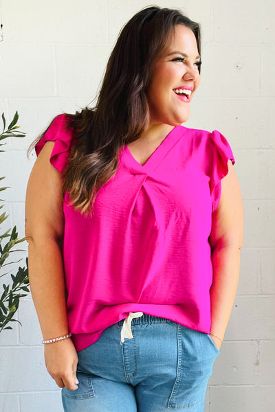 Summer Days Fuchsia Banded V Neck Flutter Sleeve Top - Online Only!