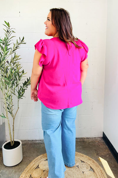 Summer Days Fuchsia Banded V Neck Flutter Sleeve Top - Online Only!