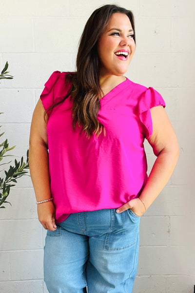 Summer Days Fuchsia Banded V Neck Flutter Sleeve Top - Online Only!