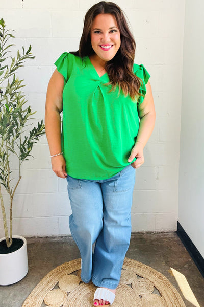 Sunny Days Kelly Green Banded V Neck Flutter Sleeve Top - Online Only!