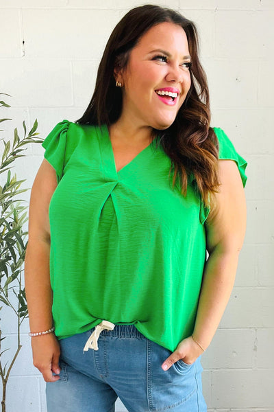 Sunny Days Kelly Green Banded V Neck Flutter Sleeve Top - Online Only!