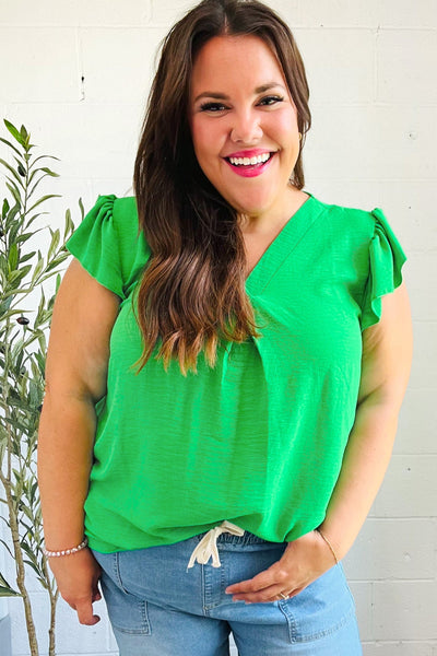 Sunny Days Kelly Green Banded V Neck Flutter Sleeve Top - Online Only!