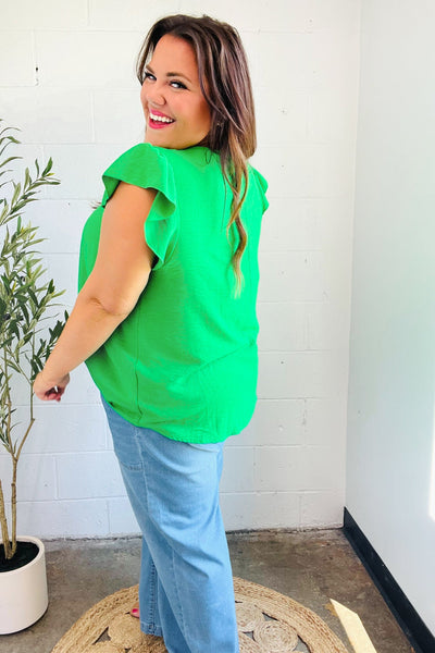 Sunny Days Kelly Green Banded V Neck Flutter Sleeve Top - Online Only!