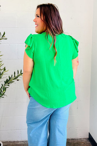 Sunny Days Kelly Green Banded V Neck Flutter Sleeve Top - Online Only!