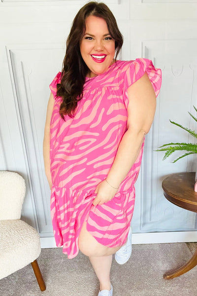 Remember Me Pink Zebra Print Tiered Ruffle Sleeve Woven Dress - Online Only!