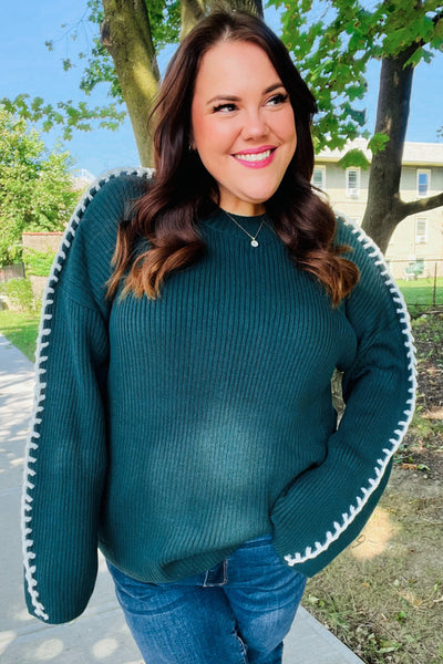 Hunter Green Rib Knit Stitch Detail Oversized Sweater - Online Only!