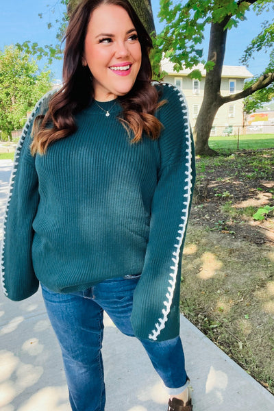 Hunter Green Rib Knit Stitch Detail Oversized Sweater - Online Only!