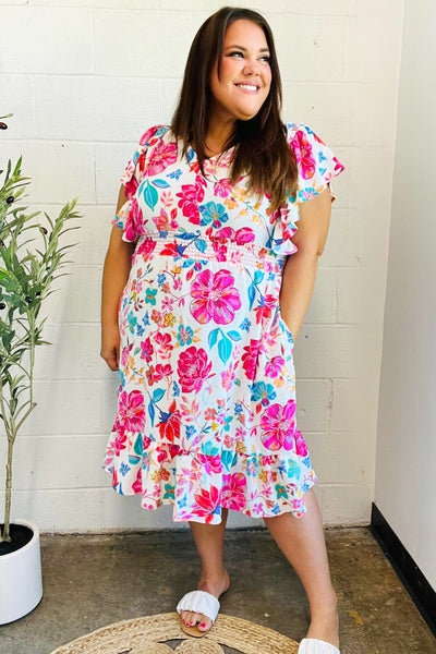 Hello Beautiful Ivory & Fuchsia Floral Sequin Smock Waist Midi Dress - Online Only!