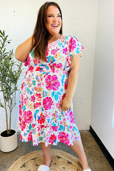 Hello Beautiful Ivory & Fuchsia Floral Sequin Smock Waist Midi Dress - Online Only!