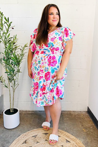 Hello Beautiful Ivory & Fuchsia Floral Sequin Smock Waist Midi Dress - Online Only!