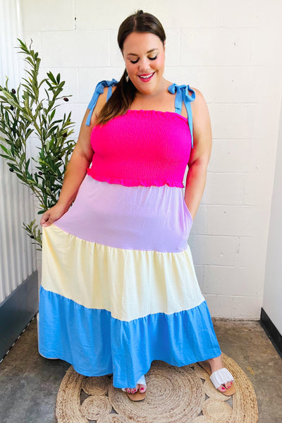 Vacay Vibes Hot Pink & Blue Smocked Color Block Maxi Dress - Online Only!