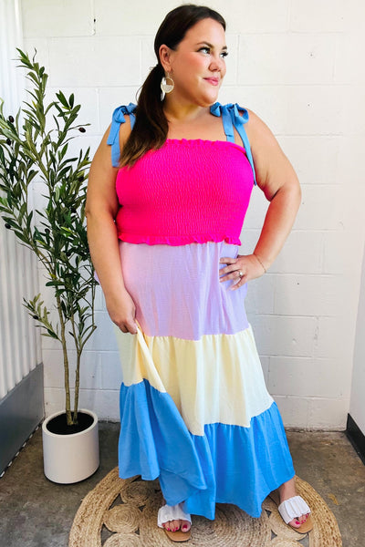 Vacay Vibes Hot Pink & Blue Smocked Color Block Maxi Dress - Online Only!