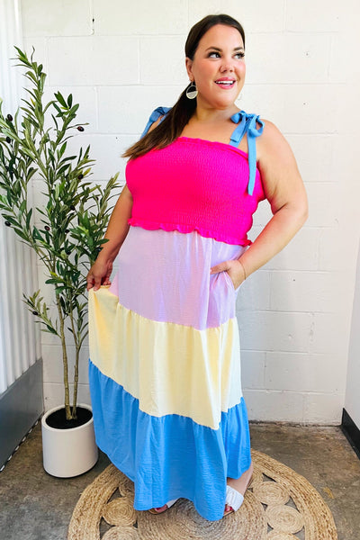 Vacay Vibes Hot Pink & Blue Smocked Color Block Maxi Dress - Online Only!