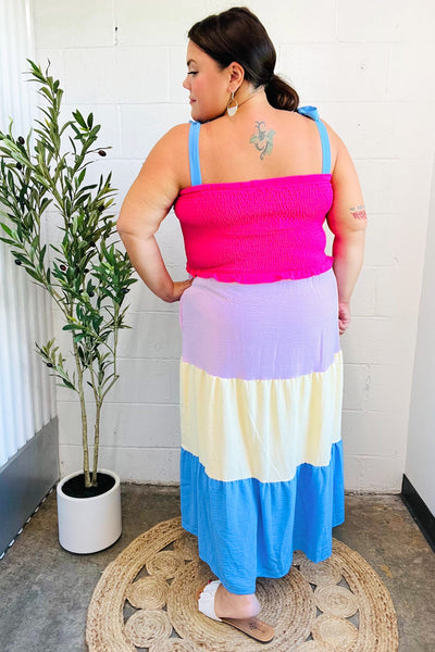 Vacay Vibes Hot Pink & Blue Smocked Color Block Maxi Dress - Online Only!