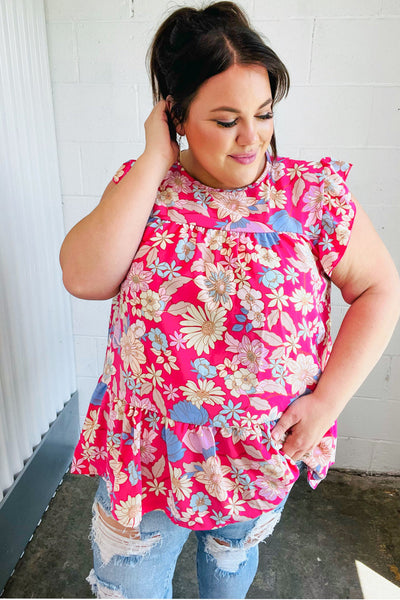 Fuchsia Floral Yoke Flutter Sleeve Back Neck Button Top - Online Only!