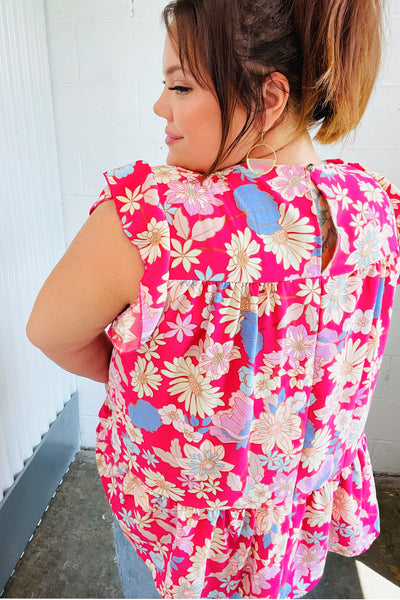 Fuchsia Floral Yoke Flutter Sleeve Back Neck Button Top - Online Only!