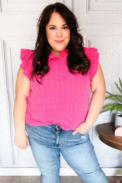 Hot Pink Textured Ruffle Mock Neck Button Down Top - Online Only!