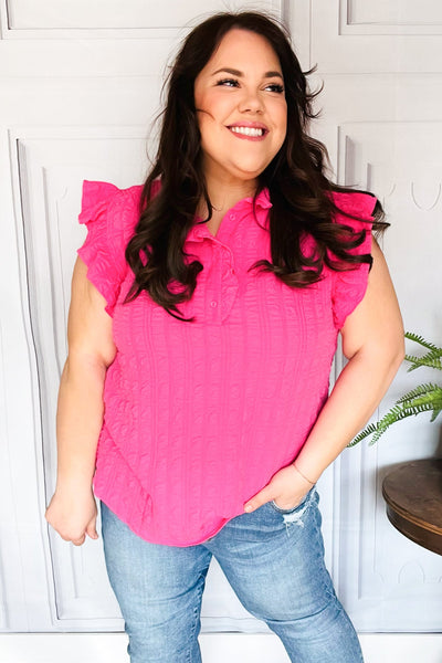 Hot Pink Textured Ruffle Mock Neck Button Down Top - Online Only!