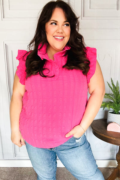 Hot Pink Textured Ruffle Mock Neck Button Down Top - Online Only!