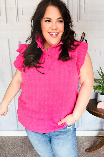 Hot Pink Textured Ruffle Mock Neck Button Down Top - Online Only!