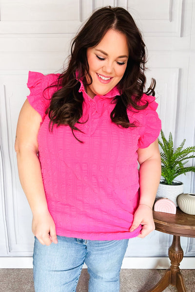 Hot Pink Textured Ruffle Mock Neck Button Down Top - Online Only!