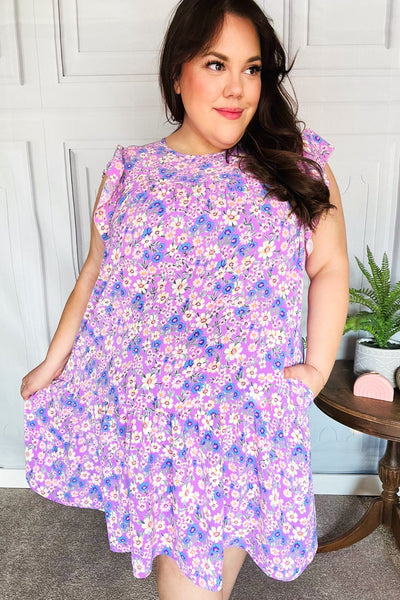 Lilac Floral Tiered Ruffle Sleeve Woven Dress - Online Only!