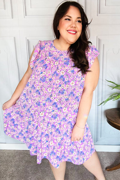 Lilac Floral Tiered Ruffle Sleeve Woven Dress - Online Only!