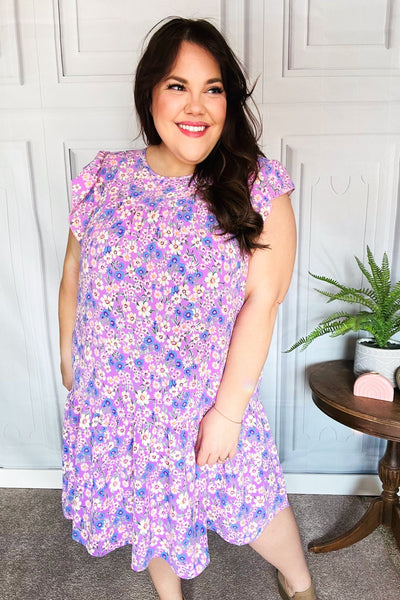 Lilac Floral Tiered Ruffle Sleeve Woven Dress - Online Only!