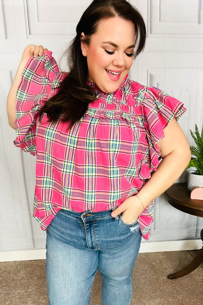 Fuchsia Plaid Shirred Yoke Flutter Sleeve Top - Online Only!