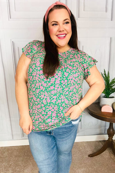 Dreamy Green & Pink Floral Yoke Ruffle Short Sleeve Top - Online Only!