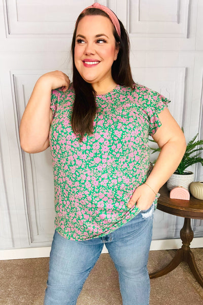 Dreamy Green & Pink Floral Yoke Ruffle Short Sleeve Top - Online Only!