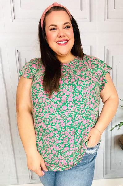 Dreamy Green & Pink Floral Yoke Ruffle Short Sleeve Top - Online Only!