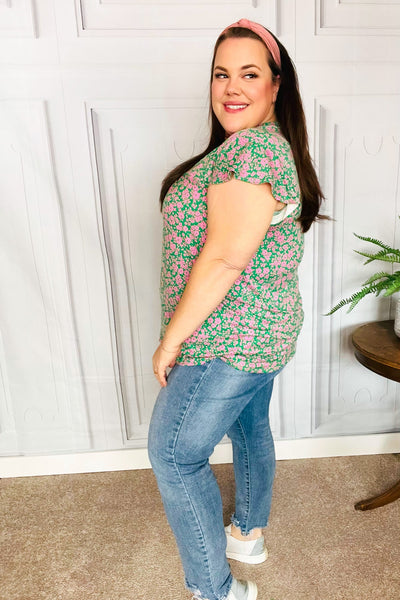 Dreamy Green & Pink Floral Yoke Ruffle Short Sleeve Top - Online Only!