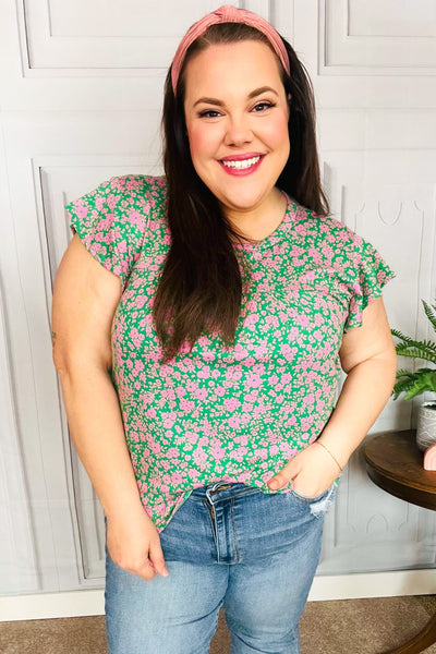 Dreamy Green & Pink Floral Yoke Ruffle Short Sleeve Top - Online Only!