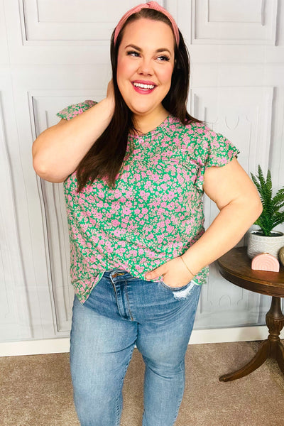 Dreamy Green & Pink Floral Yoke Ruffle Short Sleeve Top - Online Only!